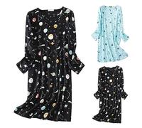 Long Sleeve Nightdresses for Elderly Women Ladies Nightie Above Knee Long Sleeve Crew Neck Cotton Sleepwear Cute Pattern Loungwear Long Home T-Shirt Dress Comfy Nightshirts Spring Summer Black