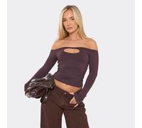 Long Sleeve Off The Shoulder Cut Out Button Front Top In Chocolate Brown, Women's Size UK 8
