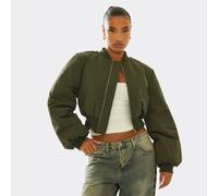 Long Sleeve Oversized Padded Crop Bomber Jacket In Khaki Green, Women's Size UK 10