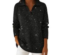 Long Sleeve Party Tops for Women UK Sparkle Jumpers Plus Size Sequin Banded Collar Long Sleeve Knitted Tops Glittery Tunic Thick Cotton Glitzy Jumper Casual Lapel Sweater Party Wear Black XL