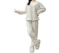 Long Sleeve Pjs for Women Ladies Fleece Fluffy Pyjamas Sets Soft Cosy Winter Thermal 2 Pieces Pjs Set Plush Warm Pullover Wide Leg Trousers Nightwear Suits Thick Loungewear Pocket A-White,One Size