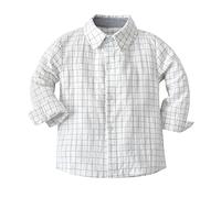 Long Sleeve Plaid T-Shirt for Toddler Button Up Lapel Formal Shirt Boys Fall Winter Daily Casual School Uniform Tees (White, 18-24 Months)