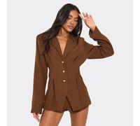 Long Sleeve Pleat Detail Button Front Blazer Playsuit In Chocolate Brown, Women's Size UK 8