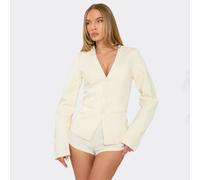 Long Sleeve Plunge Front Cinched Waist Blazer Playsuit In Stone, Women's Size UK 10