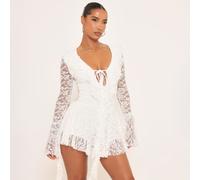 Long Sleeve Plunge Front Extreme Frill Detail Draped Mini Dress In White Lace, Women's Size UK Medium M