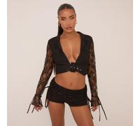 Long Sleeve Plunge Neck Belted Crop Top In Black Lace, Women's Size UK 8