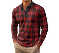 Long Sleeve Polo Shirts for Men Plaid Shirts Button Down T-Shirt 2026 Business Office Blouses Casual Pullover Tops Camisas Hombres(Red, S)