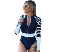 Long Sleeve Rash Guard Women Striped One Piece Swimsuit Zipper Swimwear Belt Bathing Suit High Neck Bathing Suit Pad (Color : Blue, Size : L)