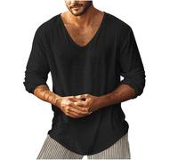 Long Sleeve Shirt Mens, Shirts V-Neck Solid Color Golf T Spring Autumn for Men UK, Casual and Work Wear Going Out Tops Slim Fit White Sweat Adult Mens Grandad (XL, Black)
