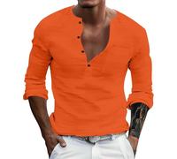 Long Sleeve Shirts for Men Henley Casual Beach Summer Button Down Tops Vacation Fashion V-Neck Gym Camisa para Hombre Orange