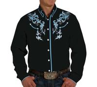 Long Sleeve Shirts for Men Retro Western Cowboy Shirt Embroidered Snap Front Blouse Slim Fit Button Down T-Shirt Tops Camisa Oxford Hombre(Light Blue, XXXXXL)