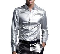 Long Sleeve Shirts for Men Satin Silk Shirt Shiny Untucked Business Dress T-Shirt Blouse Party Disco Formal Tops 2025 Camisas Hombre Manga Larga(Orange, L)