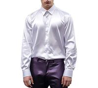 Long Sleeve Shirts for Men Satin Silk Shirt Shiny Untucked Business Dress T-Shirt Blouse Party Disco Formal Tops 2025 Ropa para Hombre(White, XXL)