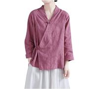 Long Sleeve Shirts for Women Elegant Wrap V-Neck Qipao Cheongsam Top Lightweight Casual Mandarin Collar Blouse Vintage Ethnic Style Button Tops Ladies Traditional Chinese Clothing Purple
