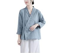 Long Sleeve Shirts for Women Elegant Wrap V-Neck Qipao Cheongsam Top Lightweight Casual Mandarin Collar Blouse Vintage Ethnic Style Button Tops Ladies Traditional Chinese Clothing Blue
