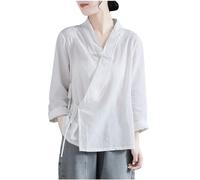 Long Sleeve Shirts for Women Elegant Wrap V-Neck Qipao Cheongsam Top Lightweight Casual Mandarin Collar Blouse Vintage Ethnic Style Button Tops Ladies Traditional Chinese Clothing White