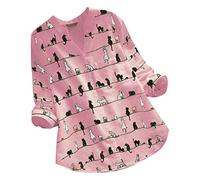 Long Sleeve Shirts for Women UK Funny Cute Cat Pattern Notch V-Neck Tunic Tops Plus Size Casual Loose Button Down Collarless Top Ladies Longline Blouse Animal Kittens Print S-5XL Pink
