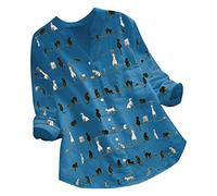 Long Sleeve Shirts for Women UK Funny Cute Cat Pattern Notch V-Neck Tunic Tops Plus Size Casual Loose Button Down Collarless Top Ladies Longline Blouse Animal Kittens Print S-5XL Blue