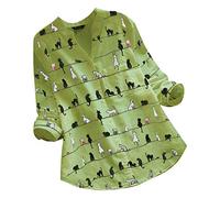 Long Sleeve Shirts for Women UK Funny Cute Cat Pattern Notch V-Neck Tunic Tops Plus Size Casual Loose Button Down Collarless Top Ladies Longline Blouse Animal Kittens Print S-5XL Green