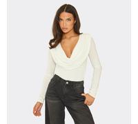 Long Sleeve Shoulder Pad Cowl Detail Bodysuit In White Slinky, Women's Size UK 10