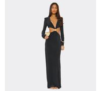 Long Sleeve Shoulder Pad Cut Out Trim Detail Maxi Dress In Black, Women's Size UK 6