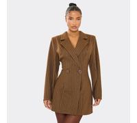 Long Sleeve Shoulder Pad Detail Blazer Dress In Chocolate Brown Pinstripe Wool, Women's Size UK 6