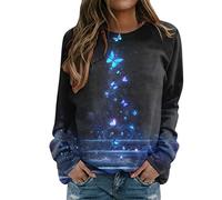 Long Sleeve Sports Sweatshirts for Women Goth Crewneck Outfits Aesthetic Casual Butterfly Print Hoodies Lightweight Cute College Preppy Crewneck Sweatshirts Graphic Anime 2024 Trendy Black