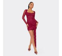 Long Sleeve Square Neck Tie Drape Detail Mini Dress In Burgundy Lace, Women's Size UK 10