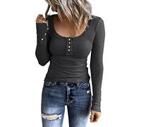 Long Sleeve Stretch Top Shirts Slim Fit Button Down Henley T Shirts Scoop Neck Ribbed Knit Shirts Tight Ladies Blouses Comfy Tee Tops for Everyday Early Prime Deals Dark Gray