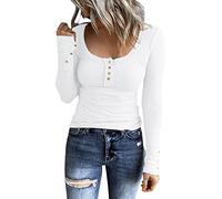 Long Sleeve Stretch Top Shirts Slim Fit Button Down Henley T Shirts Scoop Neck Ribbed Knit Shirts Tight Ladies Blouses Comfy Tee Tops for Everyday Today on Clearance White