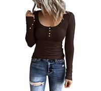 Long Sleeve Stretch Top Shirts Slim Fit Button Down Henley T Shirts Scoop Neck Ribbed Knit Shirts Tight Ladies Blouses Comfy Tee Tops for Everyday Warehouse Deals Clearance Coffee