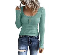 Long Sleeve Stretch Top Shirts Slim Fit Button Down Henley T Shirts Scoop Neck Ribbed Knit Shirts Tight Ladies Blouses Comfy Tee Tops for Everyday Today Deals of The Day Clearance Mint Green