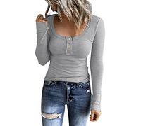 Long Sleeve Stretch Top Shirts Slim Fit Button Down Henley T Shirts Scoop Neck Ribbed Knit Shirts Tight Ladies Blouses Comfy Tee Tops for Everyday Order Placed Me 2024 Gray