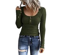 Long Sleeve Stretch Top Shirts Slim Fit Button Down Henley T Shirts Scoop Neck Ribbed Knit Shirts Tight Ladies Blouses Comfy Tee Tops for Everyday My Orders UK My Recent Orders Army Green