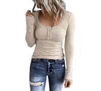 Long Sleeve Stretch Top Shirts Slim Fit Button Down Henley T Shirts Scoop Neck Ribbed Knit Shirts Tight Ladies Blouses Comfy Tee Tops for Everyday Prime Deals Today 2024 Beige