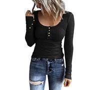 Long Sleeve Stretch Top Shirts Slim Fit Button Down Henley T Shirts Scoop Neck Ribbed Knit Shirts Tight Ladies Blouses Comfy Tee Tops for Everyday Prime Deals of The Day Black