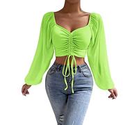 Long Sleeve Stretch Top Women Casual Solid Color Blouse Drawstring Balloon Sleeve Skinny Cropped Long Sleeve Top Tshirts Women UK Womens Soft Shirt Deals of The Day Sale Mint Green