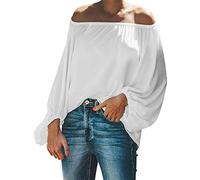 Long Sleeve Stretch Top Women's Spring and Summer Off Shoulder One Shoulder Plain Color Simple Sleeve Loose Long Sleeved T Shirt Casual Womens Ladies Cotton Tops Size 12 White Crop top
