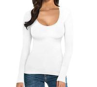 Long Sleeve Stretch Top Womens Women's T Shirt Solid Color Low U Neck Slim Bottom Long Sleeved Top Undershirts Women Longline T Shirt Women Womens Womens Clothes White