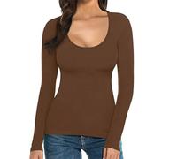 Long Sleeve Stretch Top Womens Women's T Shirt Solid Color Low U Neck Slim Bottom Long Sleeved Top Undershirts Women Longline T Shirt Women Womens My Orders Placed Recently by Me Coffee