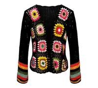 Long Sleeve Sweater Lace Hand Knitted Ethnic Rainbow Open Top Leisure Cardigan Casual and Elegant Bohemian Crochet Jacket for Women, Black/White, S