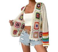 Long Sleeve Sweater Lace Hand Knitted Ethnic Rainbow Open Top Leisure Cardigan Casual and Elegant Bohemian Crochet Jacket for Women, beige, M