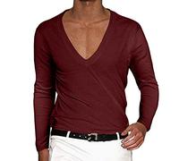 Long Sleeve T Shirt Men Deep V Neck Vneck Casual Long-Sleeved Tees Comfort Slim Fit Oversized Big and Tall Gym Summer Shirts