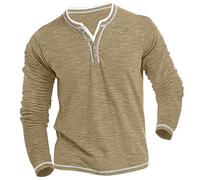 Long Sleeve T Shirt Mens V Neck Half Buttons Tee Shirt Medium Elasticity Soft Breathable Mens Sweatshirts Contrasting Colors Versatile Work Wear Hard-Wearing Premium Quality Base Layer Tops Khaki