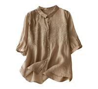 Long Sleeve T Shirts Vintage Floral Embroidery Long Sleeve Button Up Breathable Cotton Linen Shirt Ladies Plus Size Top Oversized T Shirts for Women Order Again from My Recent Orders Khaki