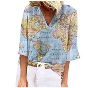 Long Sleeve T Shirts Women Women's Lapel Button Shirt World Map Print Half Loose Casual Top Big Sister (Blue, S)