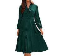 Long Sleeve Tea Dress for Women A Line V Neck Pleated Dress for Wedding Guest Party Dark Green 44