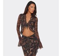 Long Sleeve Tie Front Frilled Hem Top In Brown Leopard Print, Women's Size UK 12
