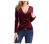Long sleeve top for women, sexy, V-neck T-shirt, women's cotton crossover top, casual tunic, pure colours, chic and elegant, soft, comfortable, breathable, casual blouse, Wine, XL
