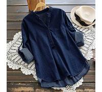 Long Sleeve Top Shirt,Women'S Mid-Length Denim Blouses Shirt Roll-Up Sleeves Casual Pullover Half Button Shirt Jacket Dark Blue V-Neck Collarless Pocket Tunic Lightweight Jeans Sweatshirt For Girls,